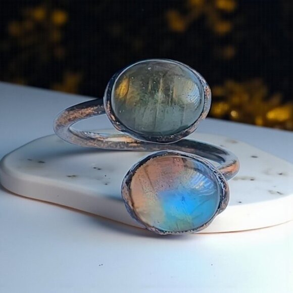 🆕 Boho Vintage Labradorite Ring Adjustable Open Wrap Handmade Copper Finish - Picture 6 of 13